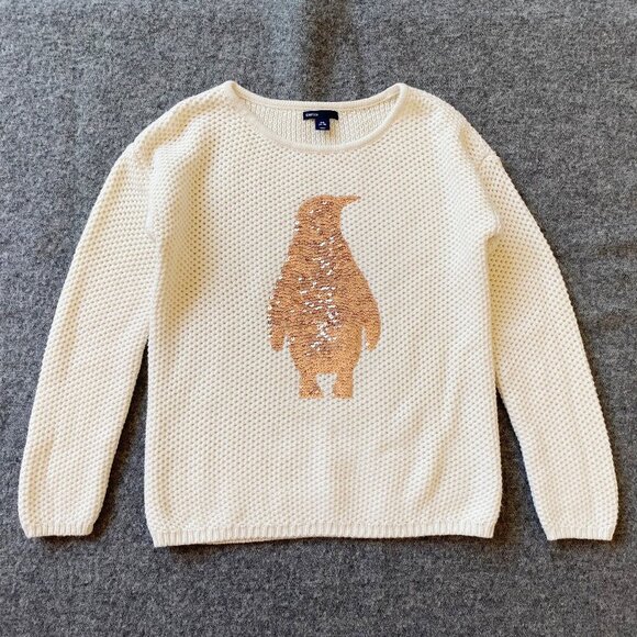 Gap Girls Open Knit Holiday Sweater 14-16 White Gold Sequin Penguin Cotton Blend - Picture 1 of 10